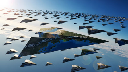 Texture showing paper airplanes with earth map texture flying in formation against a bright blue...