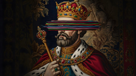 (507) showing king with a crown and scepter, his eyes obscured by a thick band of colorful...