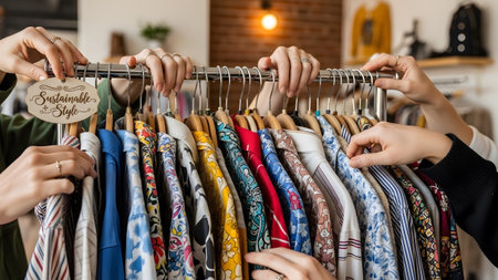 Patterned showing multiple hands selecting colorful patterned shirts from a rack with a...