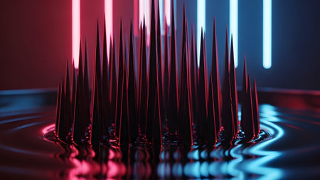 Light showing numerous sharp ferrofluid spikes arranged in a circular cluster with red and blue...