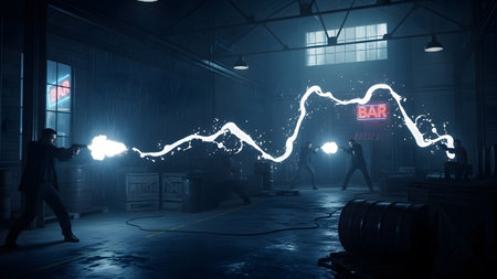 Men in dark suits fire glowing blue energy from guns in a dimly lit warehouse with a neon bar sign.