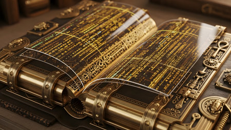 An open steampunk book with transparent pages glowing golden ancient script and metallic accents.