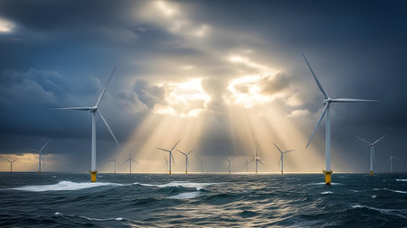 Clouds showing offshore wind farm with turbines in rough sea under dramatic sun rays breaking...