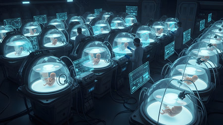 Glowing showing scientists working in a futuristic laboratory with rows of babies in glowing...の写真素材