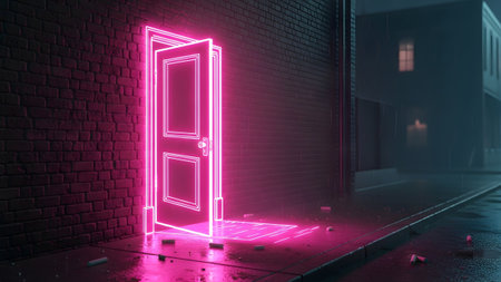 Door showing pink neon outline of an open door glows on a wet brick wall at night.