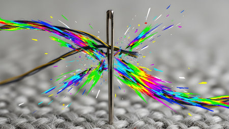 Light showing silver needle piercing colorful threads creating a vibrant abstract burst of...