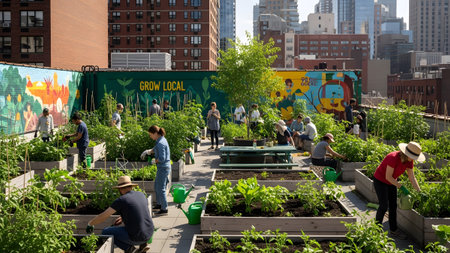 Numerous people are engaged in gardening activities within a lush urban rooftop garden...