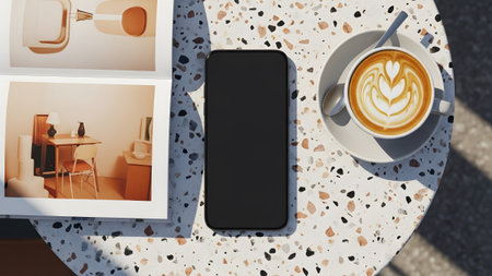 Dark showing smartphone and coffee with latte on terrazzo table next to open book.