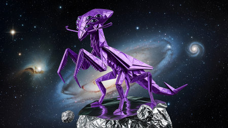 Stock showing purple origami praying mantis figure on moon with galaxies in background.