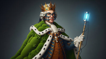 A regal figure in a powdered wig and historical clothing wears a green moss cloak with fur trim...