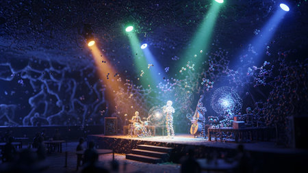 Molecular showing musicians made of molecular structures play instruments under colorful...