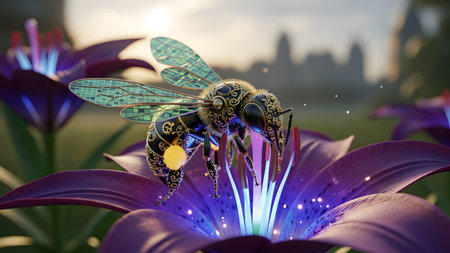 Flower showing steampunk bee with metallic body and glowing wings on a vibrant purple flower...