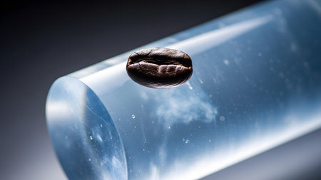 A single roasted coffee bean hovers above a clear blue cylinder reflecting a cloudy sky with...