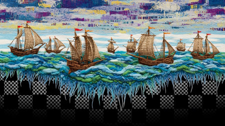 Antique wooden sailing ships with orange flags on a vibrant blue green sea, with a checkered...