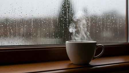 Window showing steaming cup of white coffee or tea on a wooden windowsill with raindrops on the...