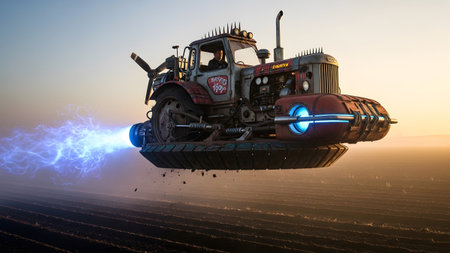 showing steampunk hover tractor emitting blue electric plasma propulsion over plowed...