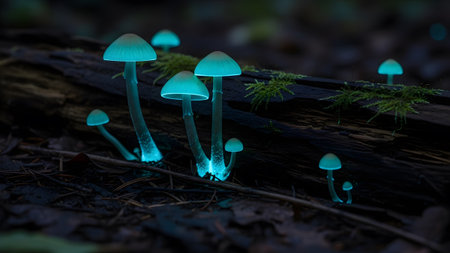Dark showing several bioluminescent mushrooms emitting cyan light on a dark forest log.