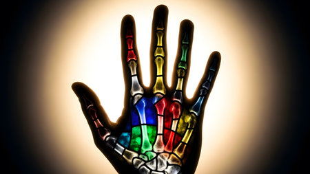 A dark silhouette of a hand revealing its internal bone structure, with each bone segment...の写真素材