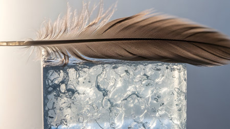 Soft showing soft feather lying on a textured ice surface with subtle lighting. resolution...の写真素材
