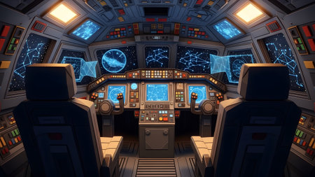Sci-fi showing sci-fi spaceship bridge with constellation and astronaut seats. resolution...