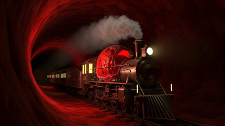 A steam train with a red brain-shaped boiler moves through a vivid red vessel tunnel.