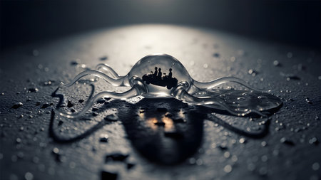 Silhouettes of people in a car are visible inside a clear glass octopus shape with water...