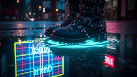 Punk showing spiked punk rock boots standing in a neon lit puddle reflecting city lights.