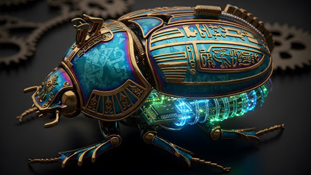 A detailed steampunk scarab beetle with gold and teal metallic plating and glowing internal...の写真素材