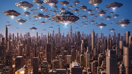 Numerous silver UFOs fill the sky above a sprawling, densely packed futuristic city at twilight.