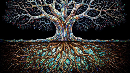 A stylized stained glass tree with prominent roots is set against a deep black background,...の写真素材
