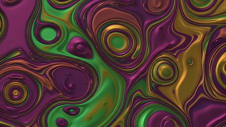An abstract, swirling pattern of metallic liquid in shades of purple, green, and gold....