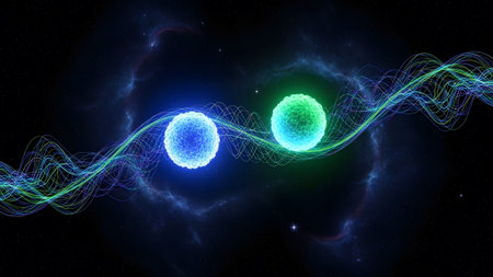 Luminous showing two luminous spheres intertwined with blue and green energy waves in space....