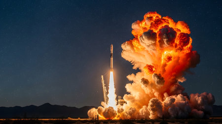 (2773) showing rocket launch with massive explosion and fiery plume against a starry night sky....の写真素材