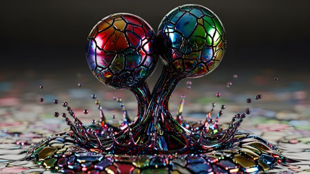 Two iridescent cracked spheres rise from a vibrant liquid splash with a mosaic pattern....