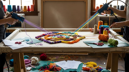 Two people tuft a circular, multi-colored rug using yarn and tools on a table in a craft...