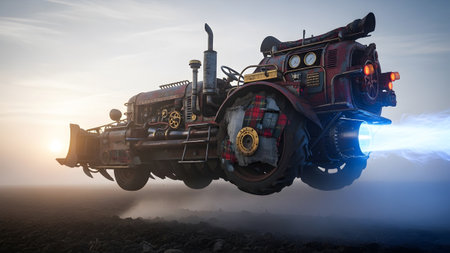 Sunrise showing steampunk tractor with jet engine and plow flying over field at sunrise.の写真素材