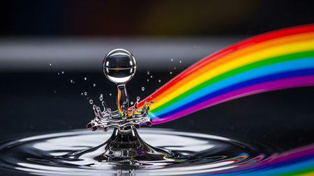 Dark showing water droplet creating a rainbow splash on a dark reflective surface with rainbow...