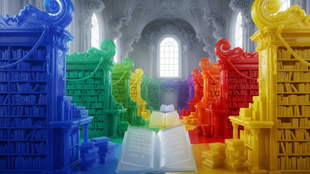 Shelving showing vibrant rainbow library with open books and colorful shelving in ornate hall....