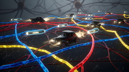 Stock showing vintage cars navigate a complex network of colorful biological pathways and...