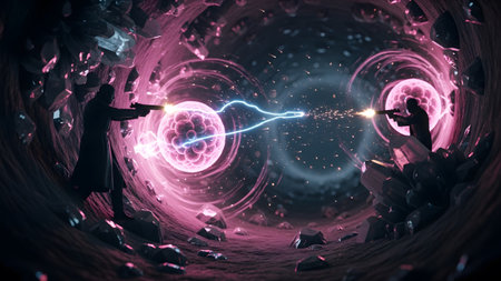 Two figures in silhouette fire creating energy beams that strike glowing pink cells within a...