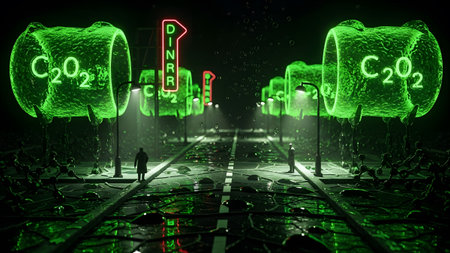 A surreal green cityscape at night glowing C2O2 cylinders and neon diner signs lining a wet road.の写真素材