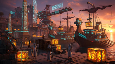 A steampunk port city with ancient Egyptian influences glowing orange cargo and ships at sunset.の写真素材