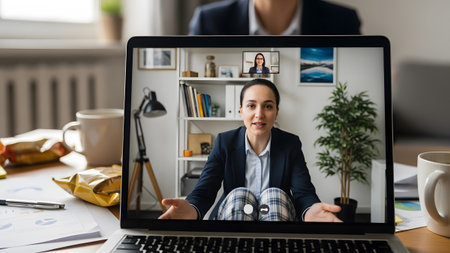Business showing woman in business attire and pajama bottoms on a call from home office desk....