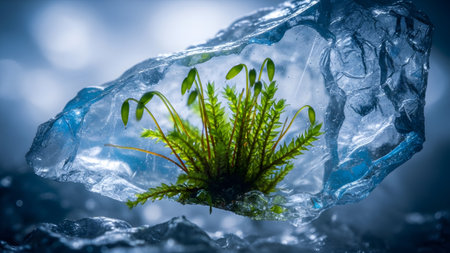 A vibrant green moss plant is captured within a clear ice fragment, showing intricate details...