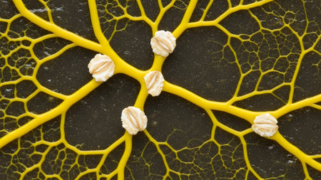 Dark showing yellow slime mold branching network with white nodes on dark background.