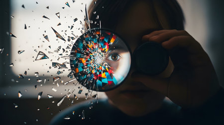 A young boy peers through a magnifying glass that is breaking apart into colorful geometric shards.の写真素材