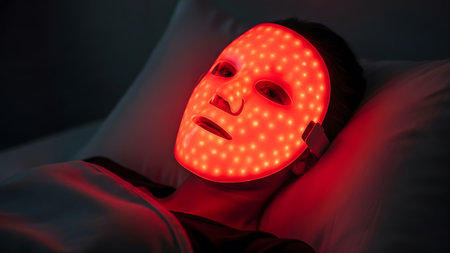Down showing woman wearing a red led light therapy mask for skincare while lying down in bed....の写真素材