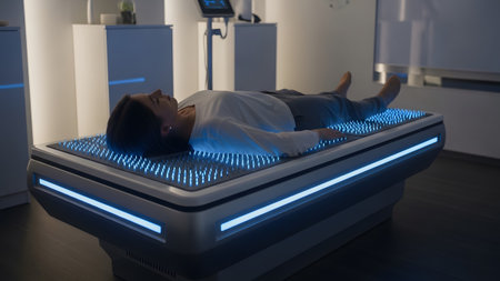 Pin-like showing woman on illuminated bed with pin-like surface.