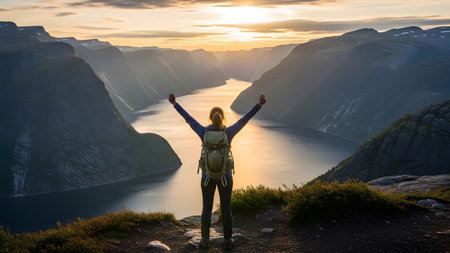 showing woman with arms raised in triumph on a mountain peak overlooking a vast fjord at...