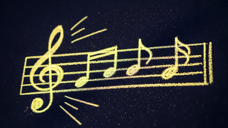 Yellow musical notes and a treble clef drawn on a dark textured surface with subtle sparkle and...